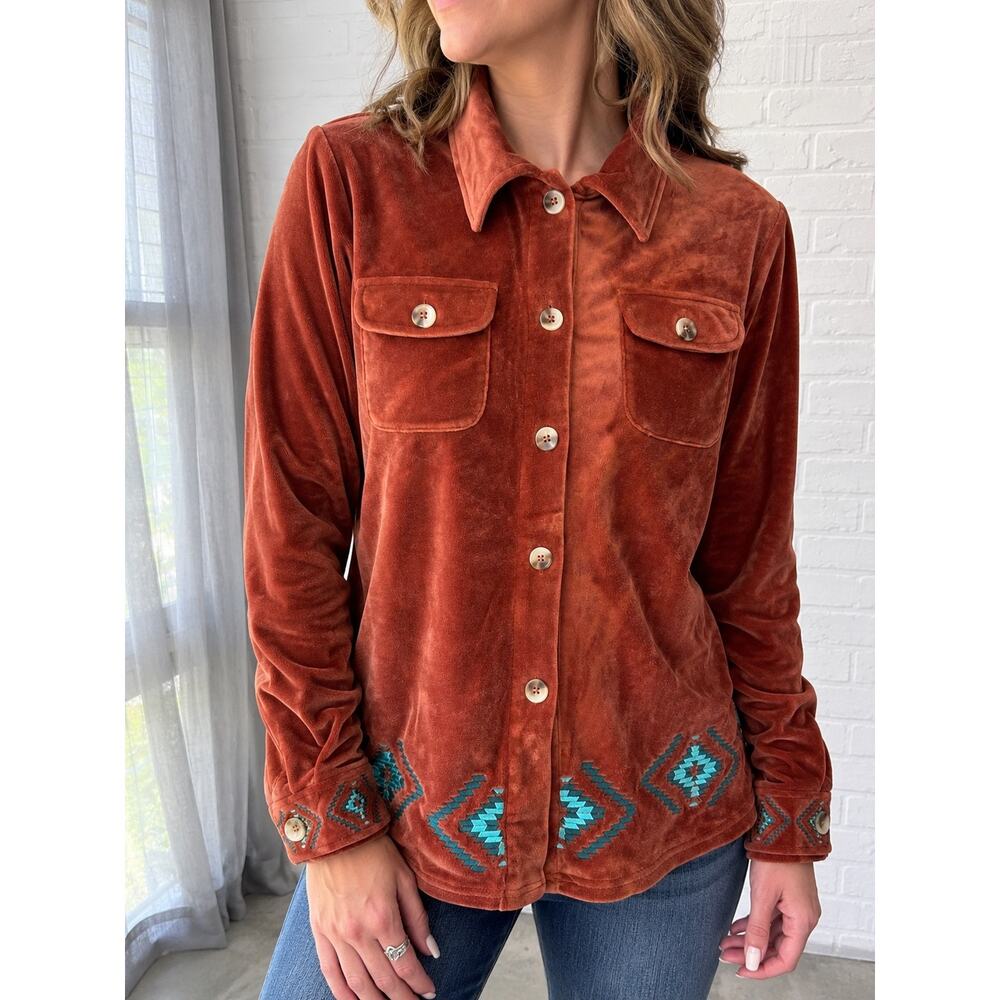 Two Fly Rust Soft Velvet Western Aztec Button Front Shacket Jacket Women’s Small